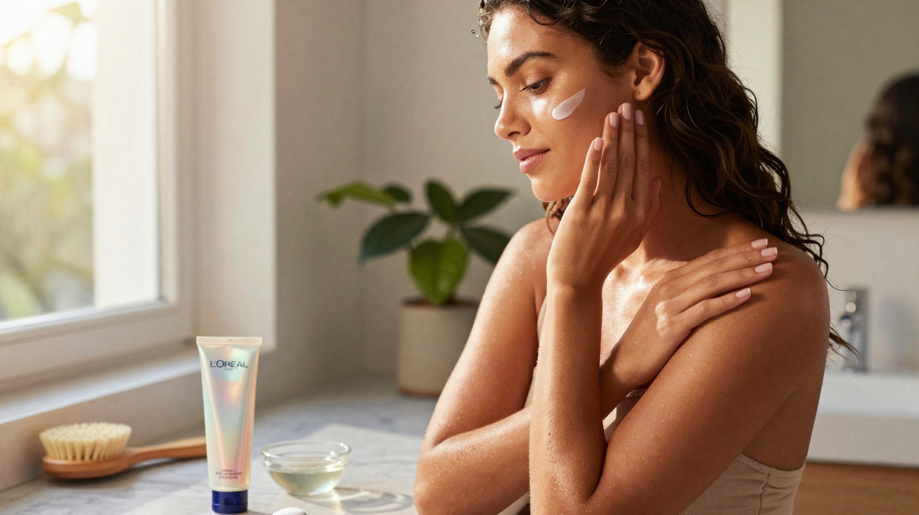 Woman applying cream on her face sitting at a bathroom counter with skincare products nearby.