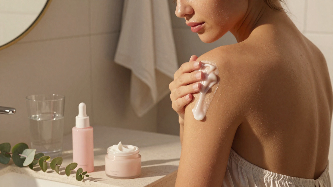Woman applying lotion to shoulder with skincare products and eucalyptus branch on bathroom counter