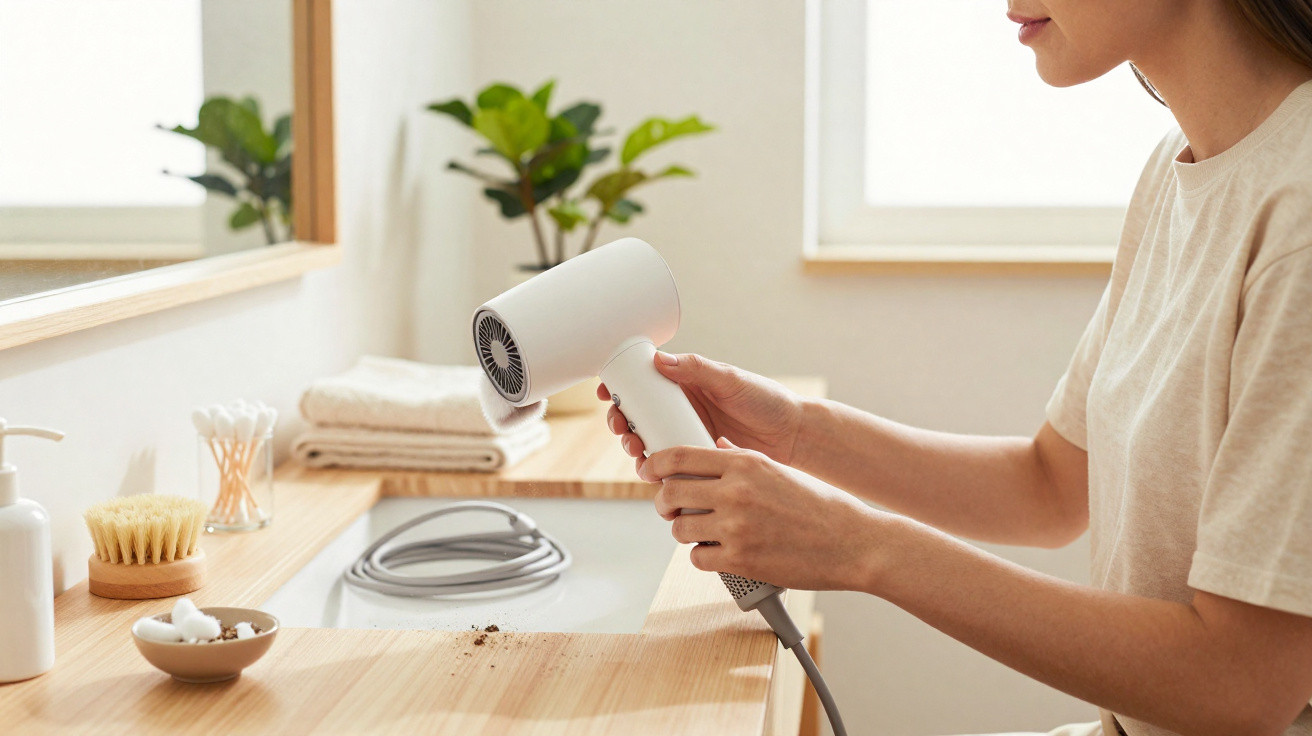 Person using a white hairdryer to blow debris off a wooden bathroom counter with towels and plants in the background