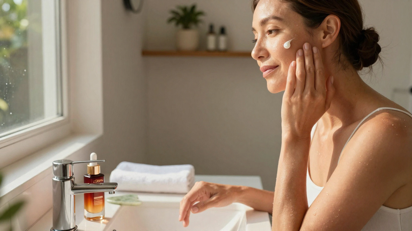 Woman applying cream to her face in a bright bathroom by the sink with skincare products nearby.