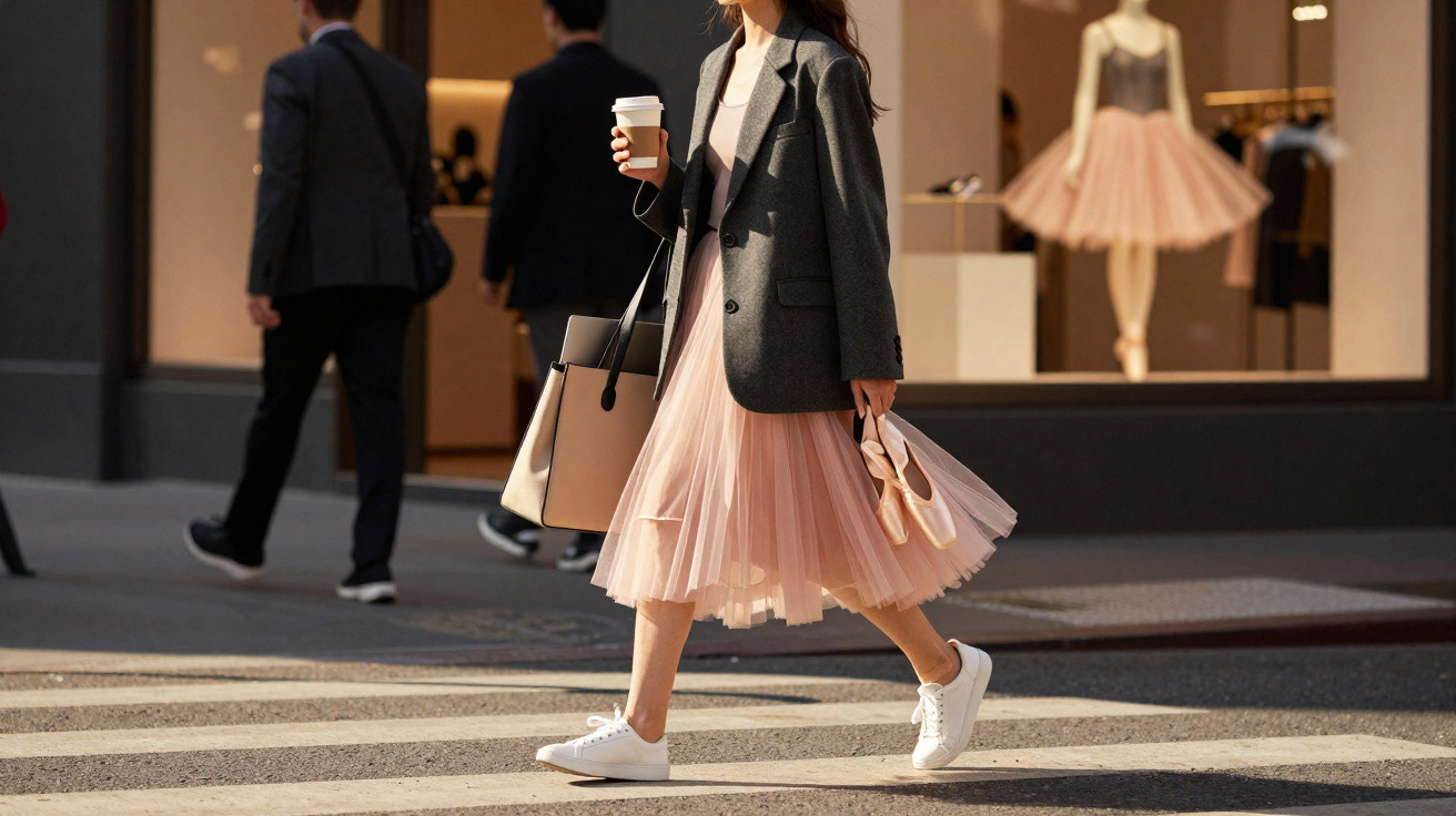 Woman in pink tulle skirt and grey blazer walking across street holding ballet shoes and a coffee cup.