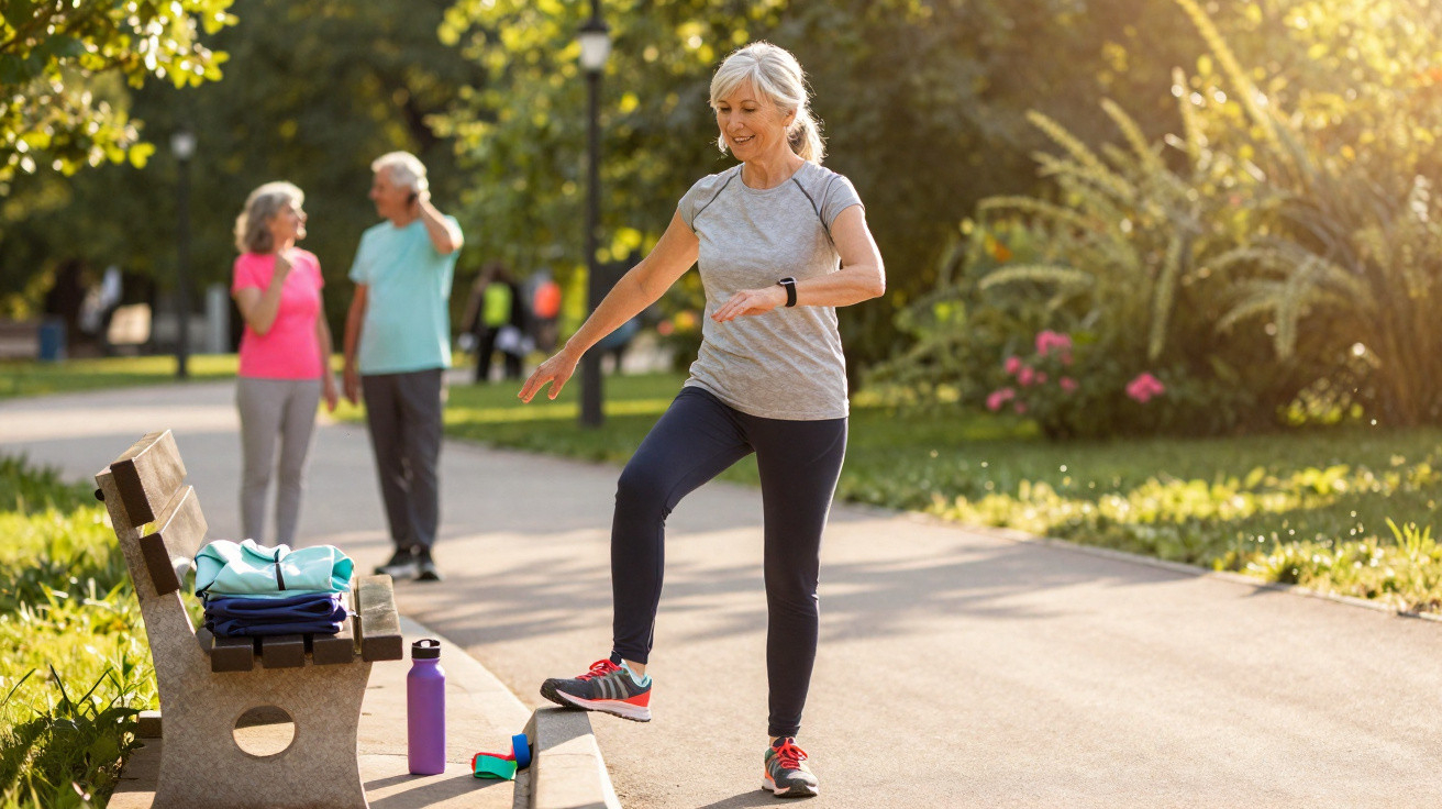 Older woman exercising by stepping onto a bench in a sunny park with two people chatting in the background.