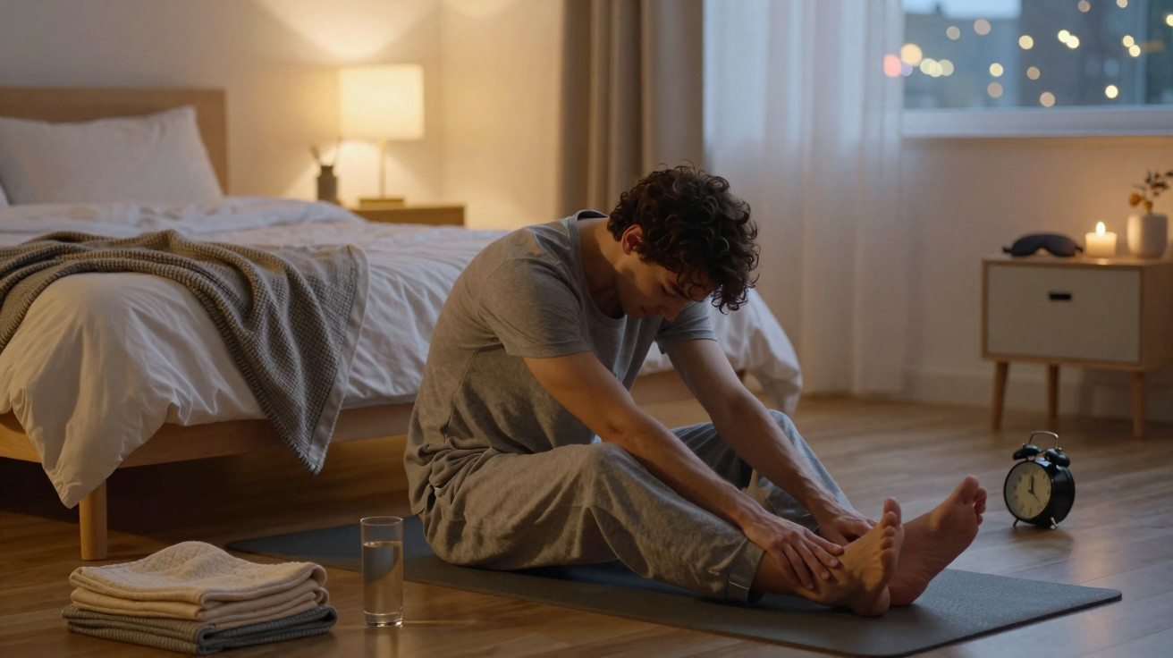 Man in grey pajamas stretching on a yoga mat in a softly lit bedroom at night.