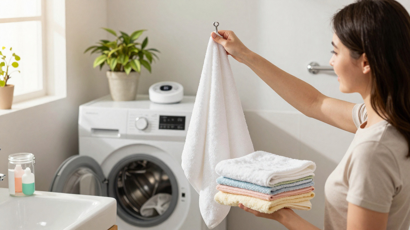 Woman holding a stack of folded towels and hanging a white towel in a bright laundry room with a washing machine.
