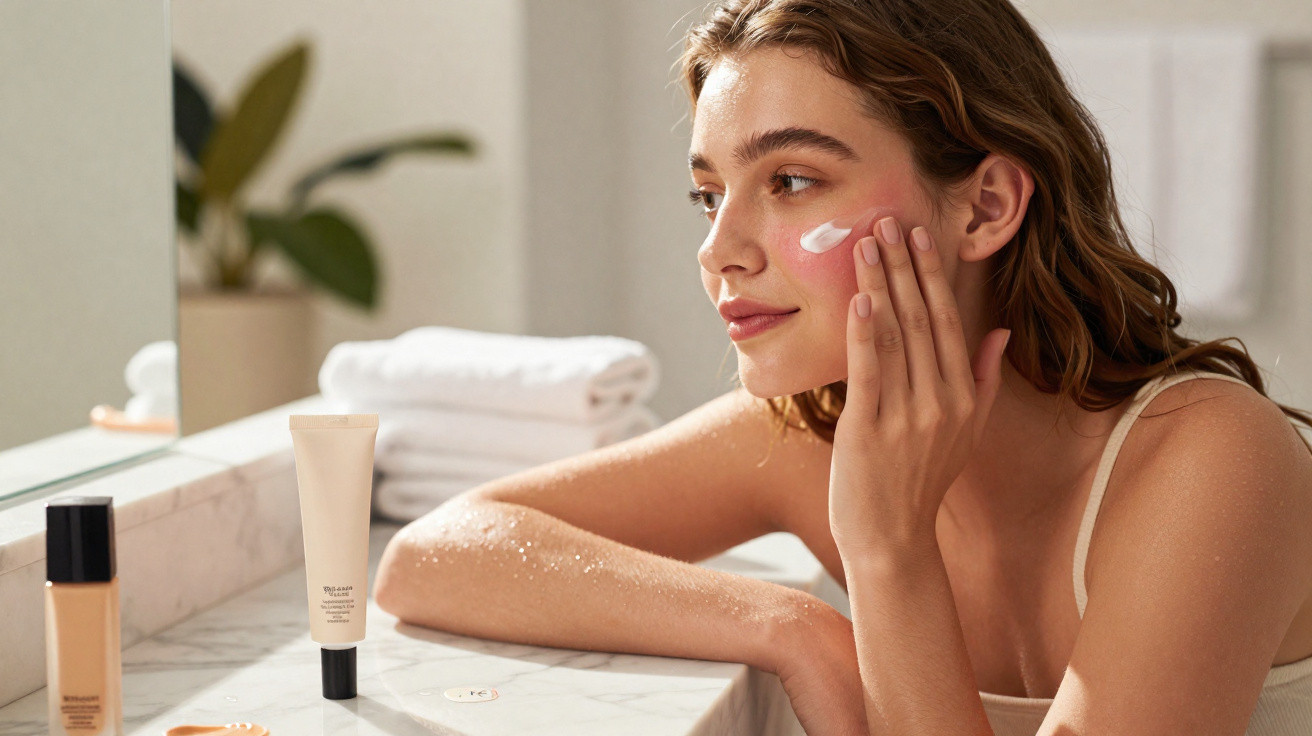 Young woman applying cream to her face at a bathroom counter with skincare products and towels nearby.