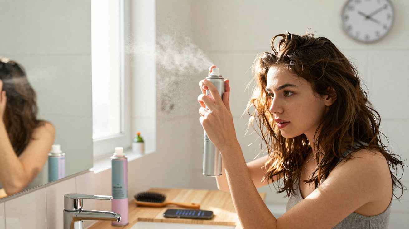 Woman spraying hair with hairspray in a bathroom with a clock and mirror in the background.