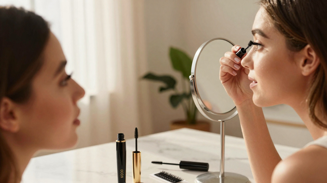 Woman applying mascara in front of a round mirror on a white marble table with makeup tools.