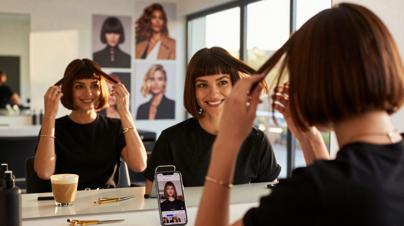 Woman with a bob haircut smiling at her reflection in a salon mirror, with hair styling tools on the table.