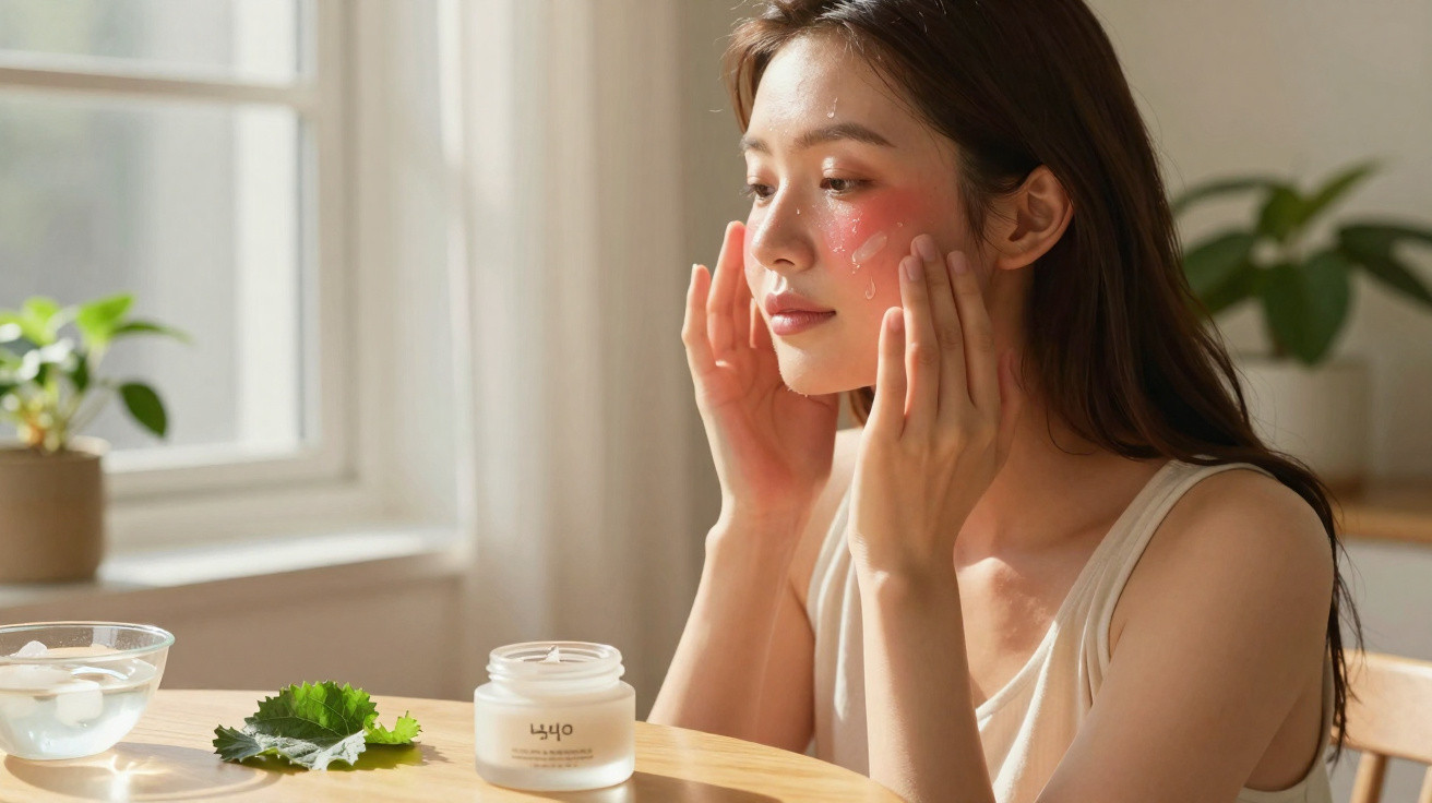 Woman applying cream to her face at a sunlit table with skincare products and green leaves nearby.