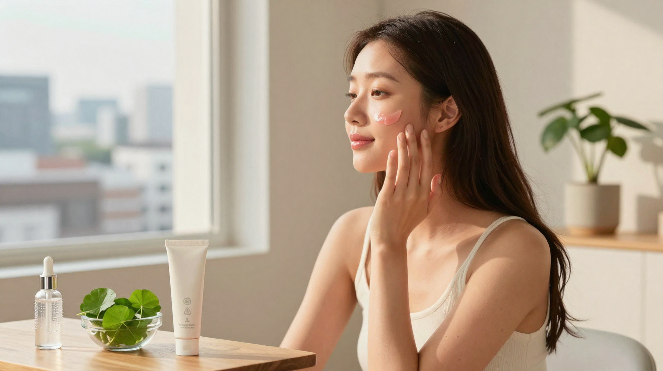 Young woman applying cream to her cheek at a table with skincare products and plants nearby.