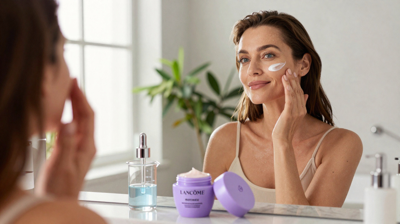 Woman applying Lancôme Nutrix nourishing cream to her face in front of a bathroom mirror.