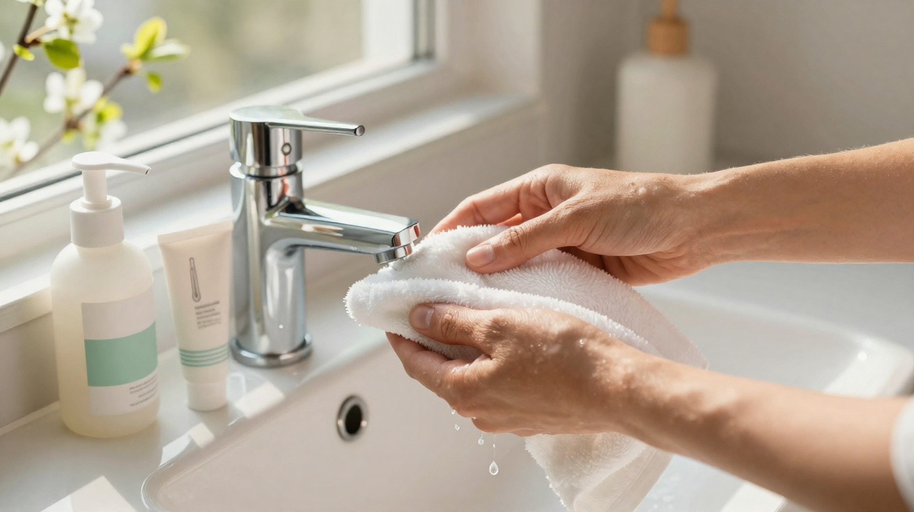 Person drying hands with a white towel over a bathroom sink with soap dispensers nearby.