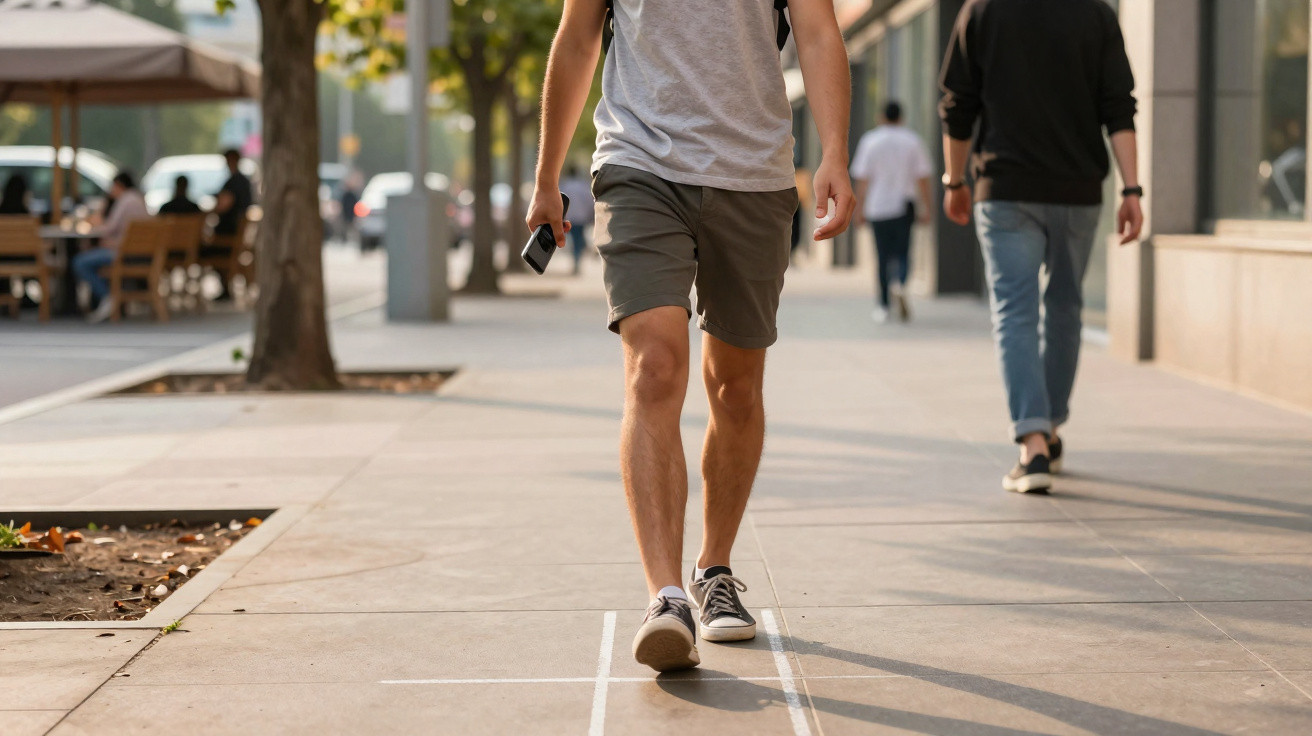 Man wearing shorts and trainers walking on a sidewalk holding a smartphone in one hand in an urban area