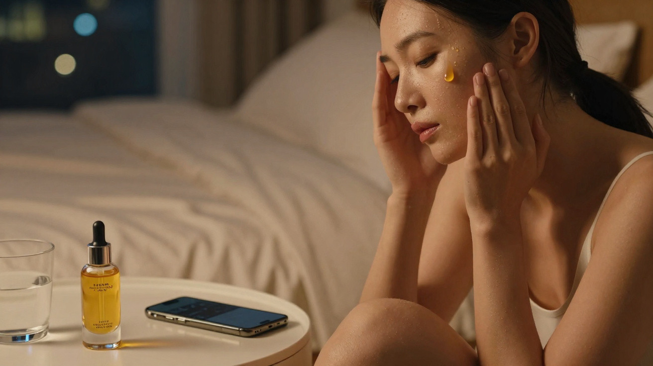 Woman applying skincare serum on her face beside a table with a glass of water and smartphone at night.