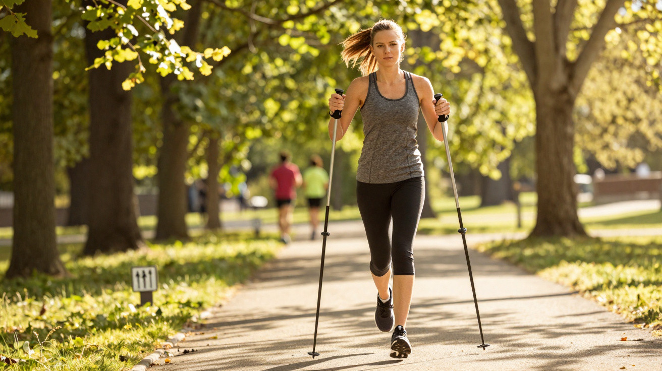 Young woman power walking with poles on a sunny tree-lined path in a park.