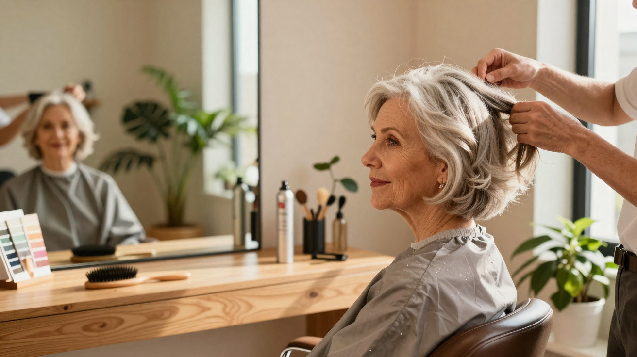 Elderly woman with short grey hair having her hair styled in a bright, modern salon with plants and a large mirror.