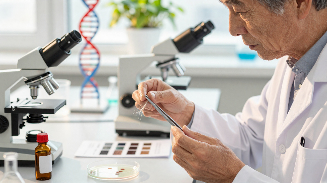 Scientist in white coat examining a sample with tweezers in a laboratory with microscopes and DNA model.