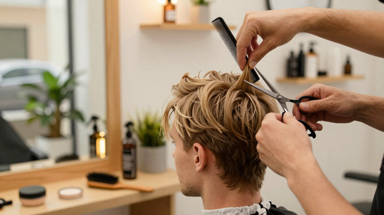 Hairdresser cutting a young man's blonde hair using scissors and a comb in a salon.