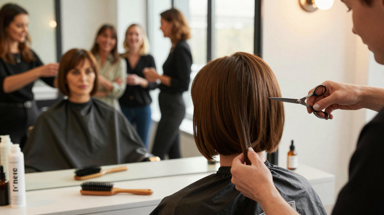 Hairdresser cutting a woman's short brown hair in a modern salon with three women chatting in the background.