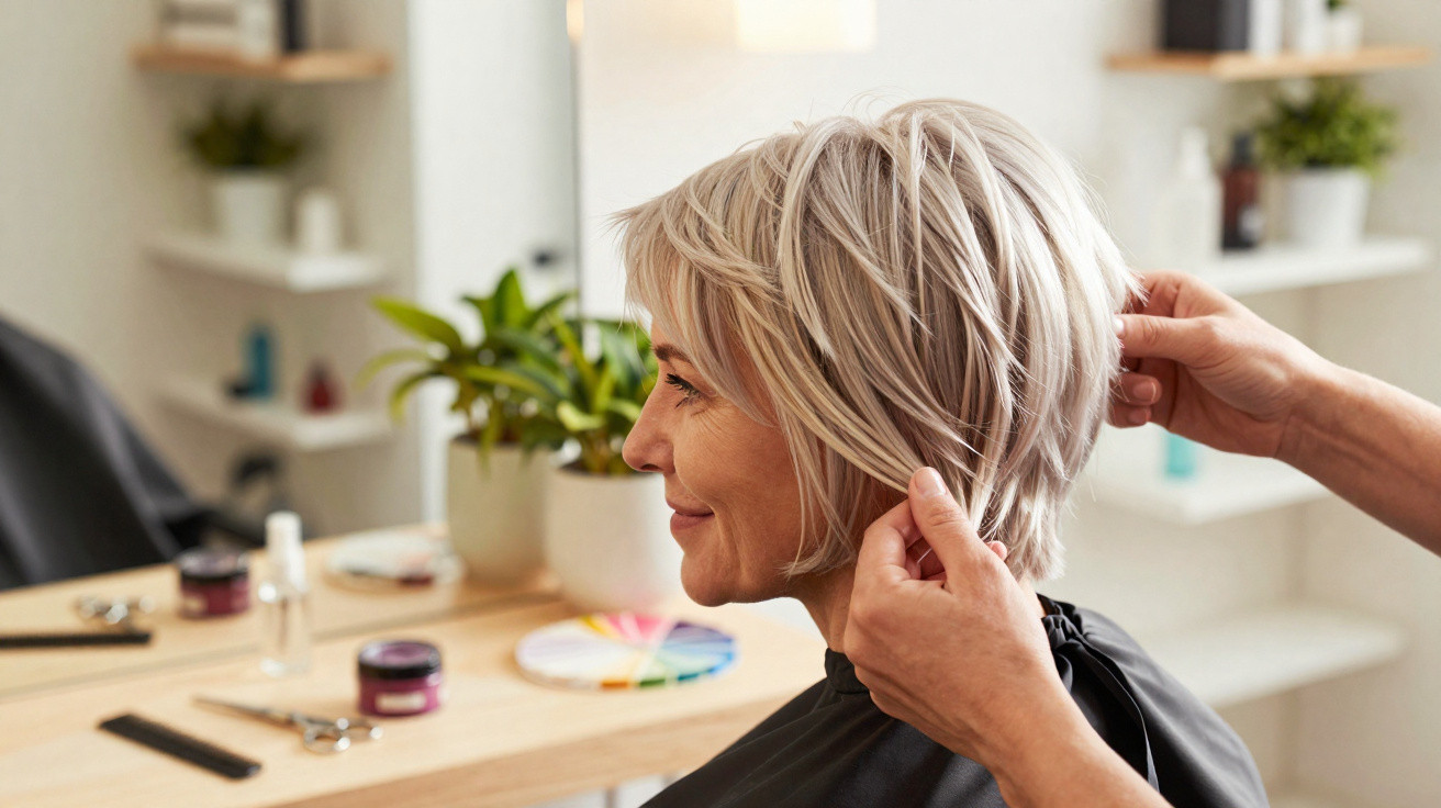 Hairdresser styling a smiling older woman’s short blonde hair in a salon.