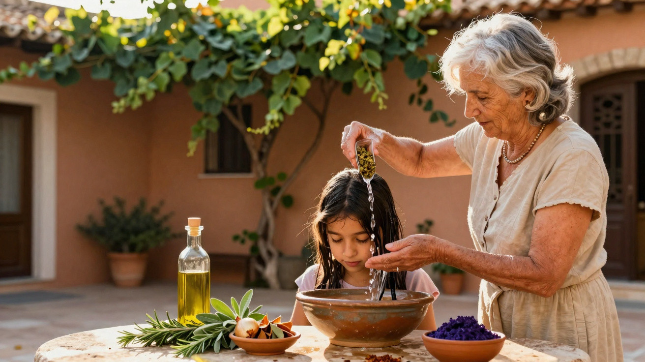 Elderly woman washing a young girl's hair outdoors with herbs and bowls on a table nearby.