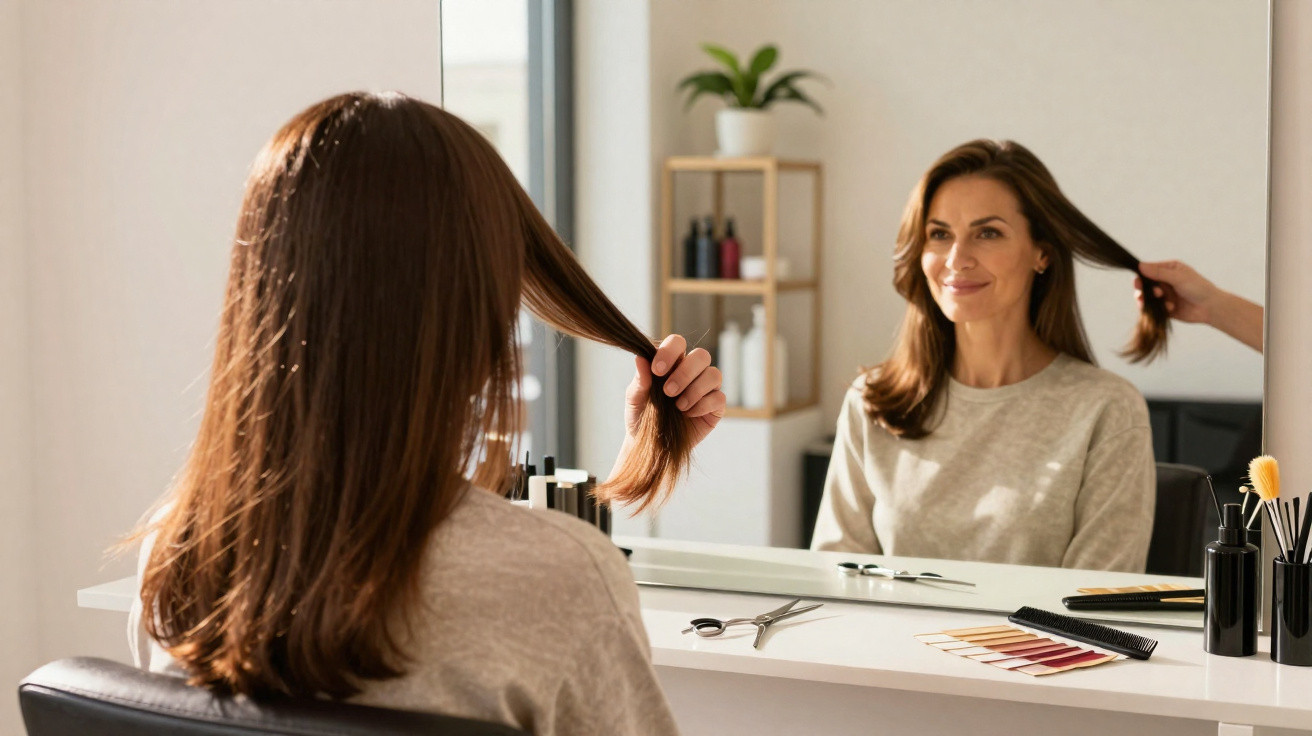 Woman sitting in a salon chair holding her hair while a stylist prepares to cut it in front of a mirror.