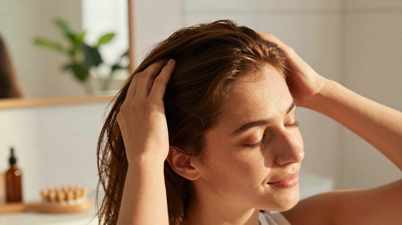 Young woman with wet hair gently massaging her scalp with closed eyes in a bright bathroom.