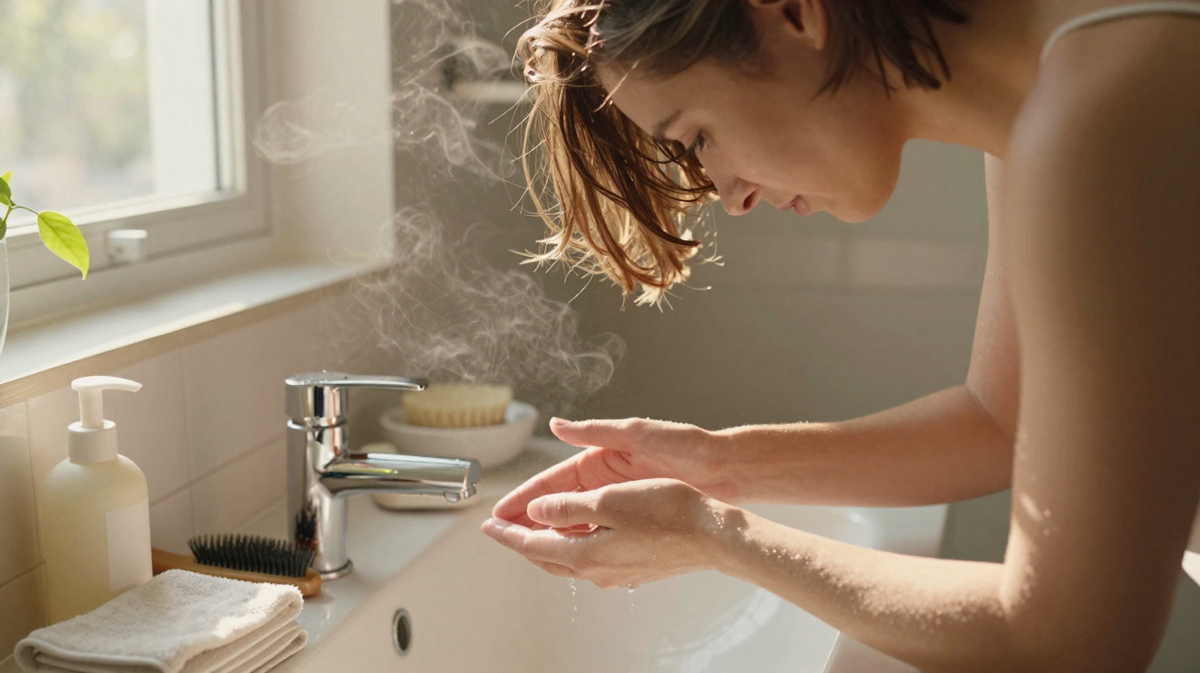 Woman washing face with warm water at a bathroom sink near a window with natural light.