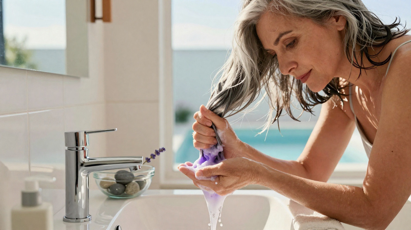 Woman with grey hair applying purple shampoo or conditioner while washing hair over a bathroom sink with a window view.