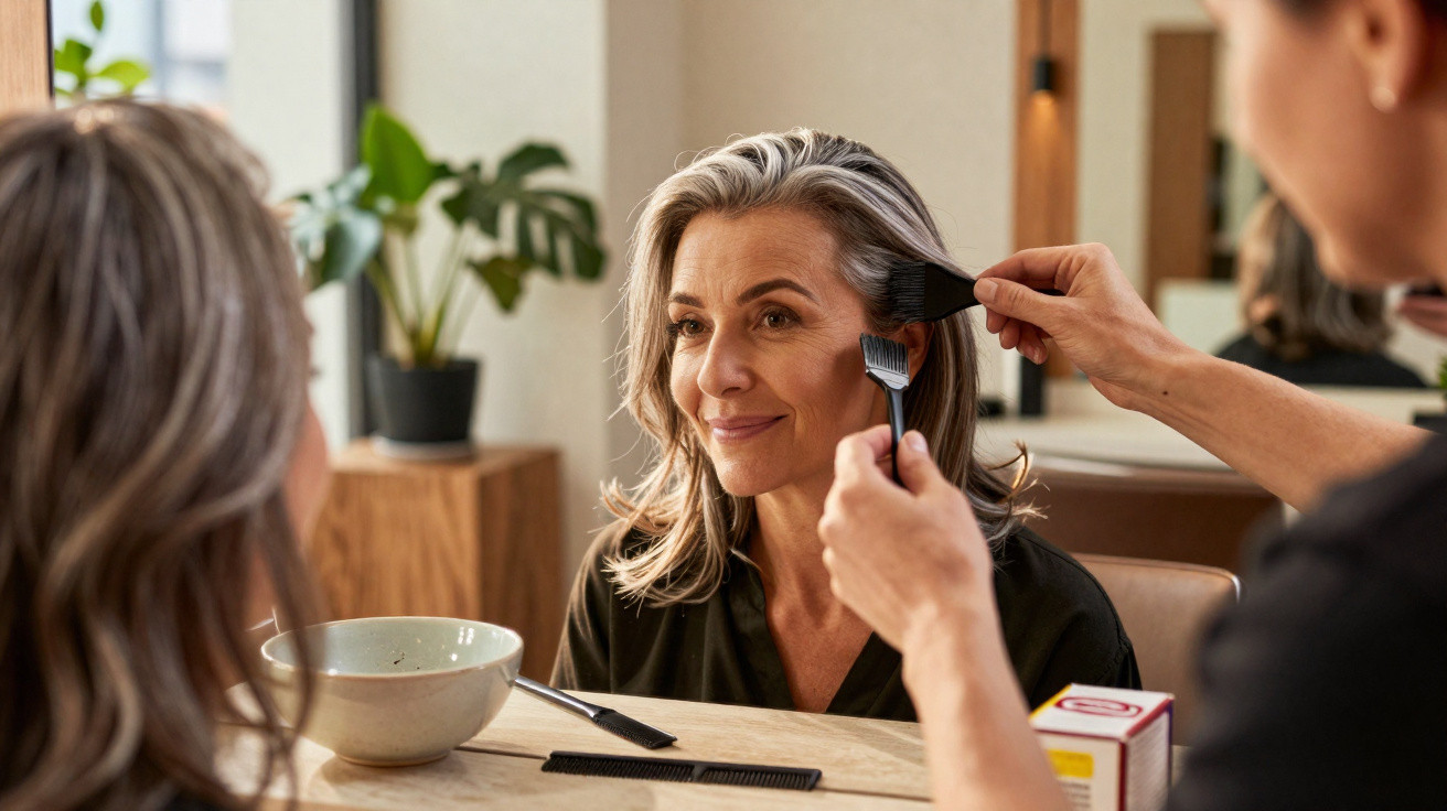 Middle-aged woman smiling while having hair colouring applied with a brush in a salon.