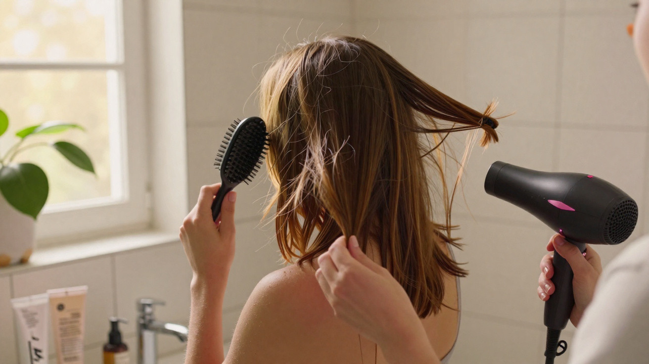 Person brushing and drying another person's hair in a bathroom with a plant by the window.
