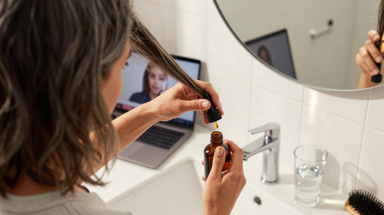 Person applying hair oil with dropper in bathroom while watching tutorial on laptop screen.