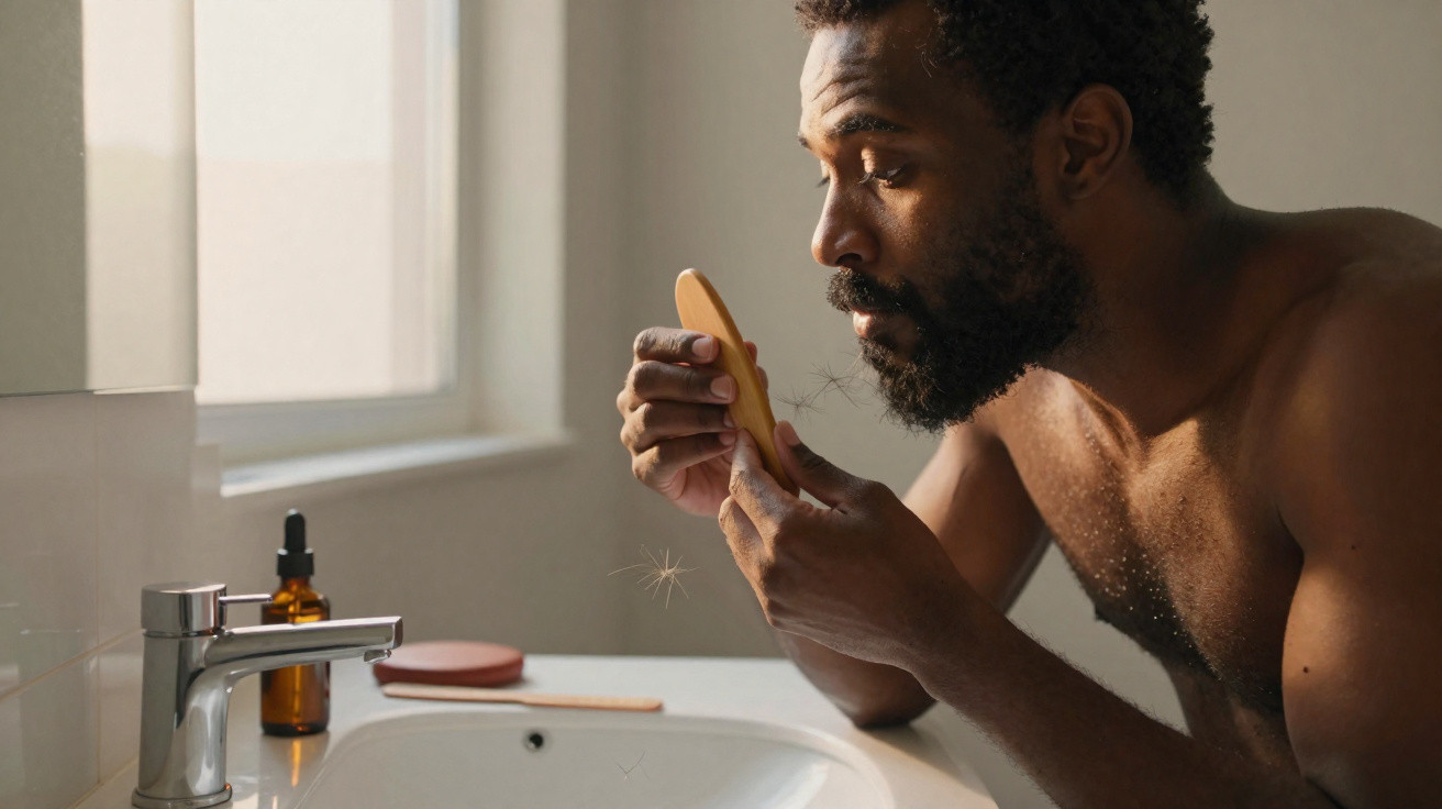 Man examining hair loss in a handheld mirror in a bright bathroom by a sink and window