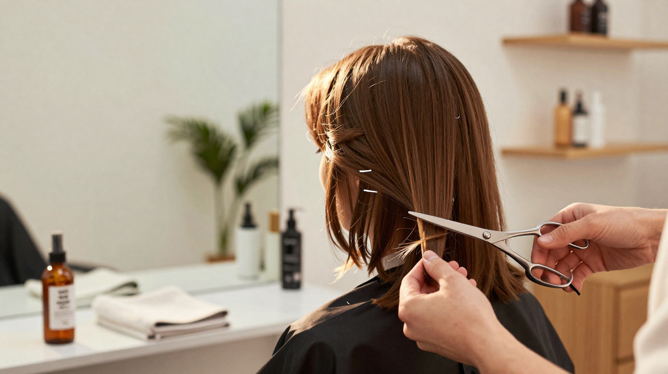 Hairdresser cutting a woman's shoulder-length brown hair in a salon with hair products in the background.