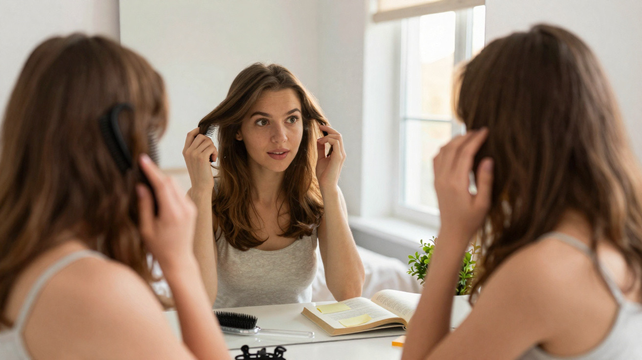 Young woman in a grey vest curls her hair whilst looking in a mirror at a white table with a book and hairbrush.