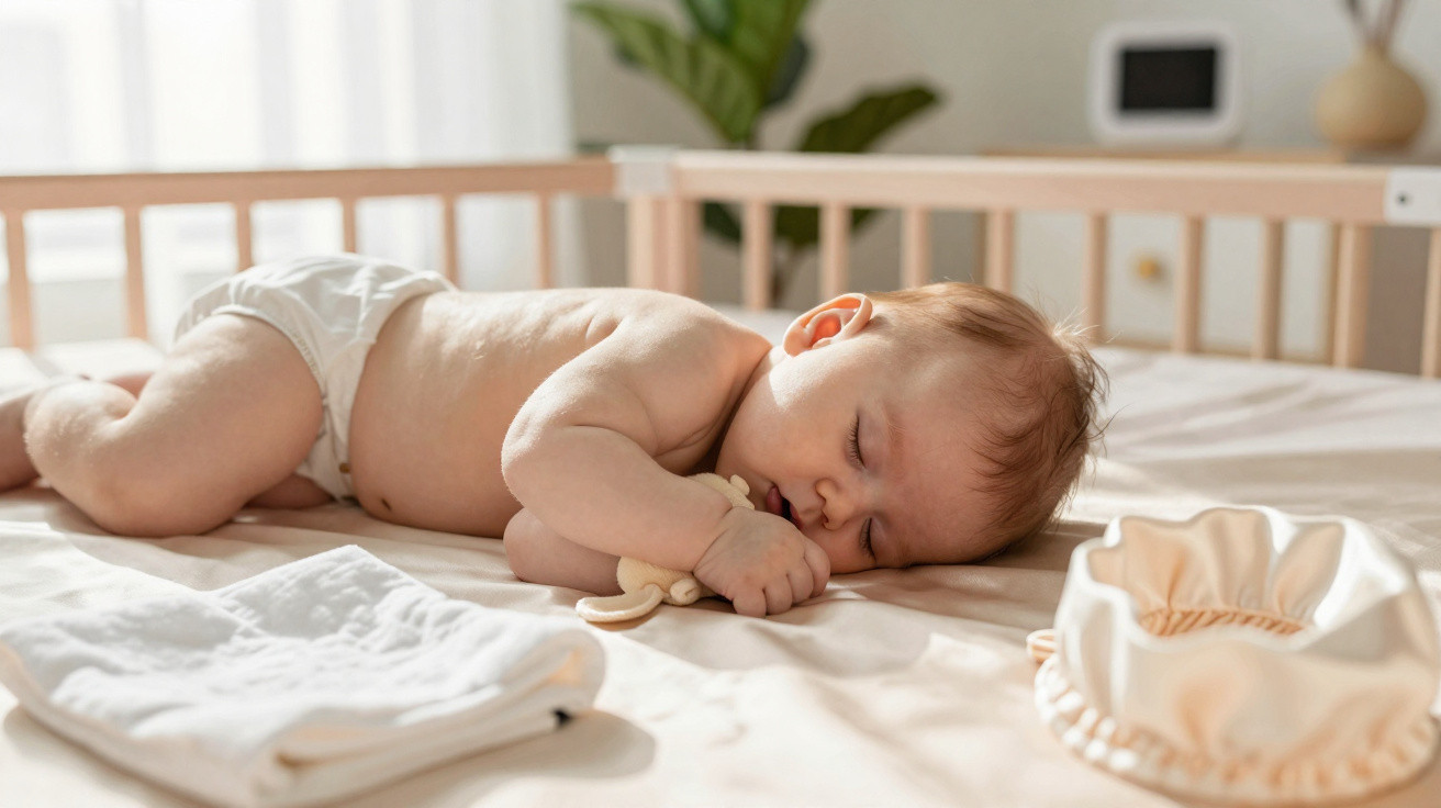 Sleeping baby in a diaper holding a wooden toy on a bed with folded cloth and a bonnet nearby.