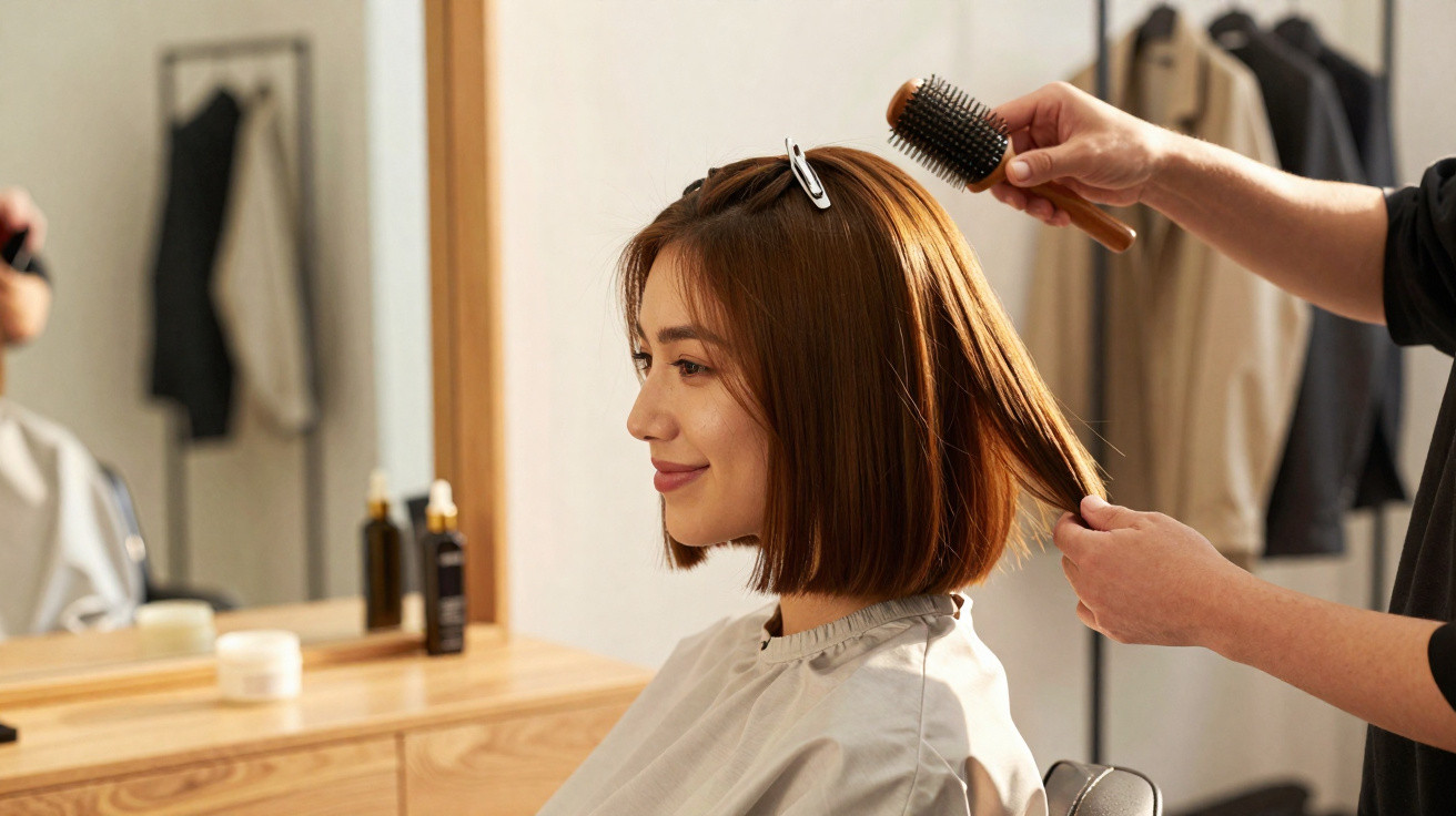 Woman with medium brown bob haircut smiling while a hairdresser styles her hair with a round brush in a salon.