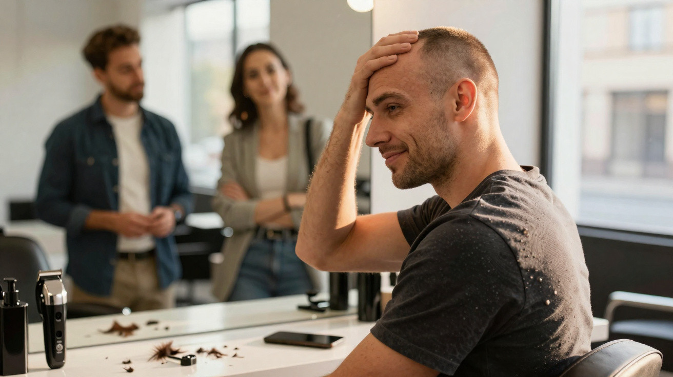Man with a head full of freshly shaved hair sitting in a barber chair, smiling at his reflection in the mirror.