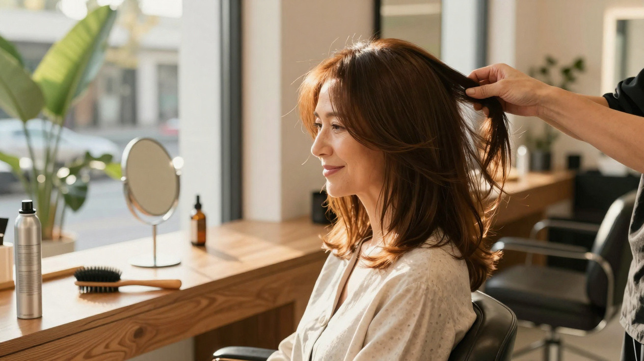 Woman with medium brown hair sitting in a salon chair having her hair styled by a hairdresser.
