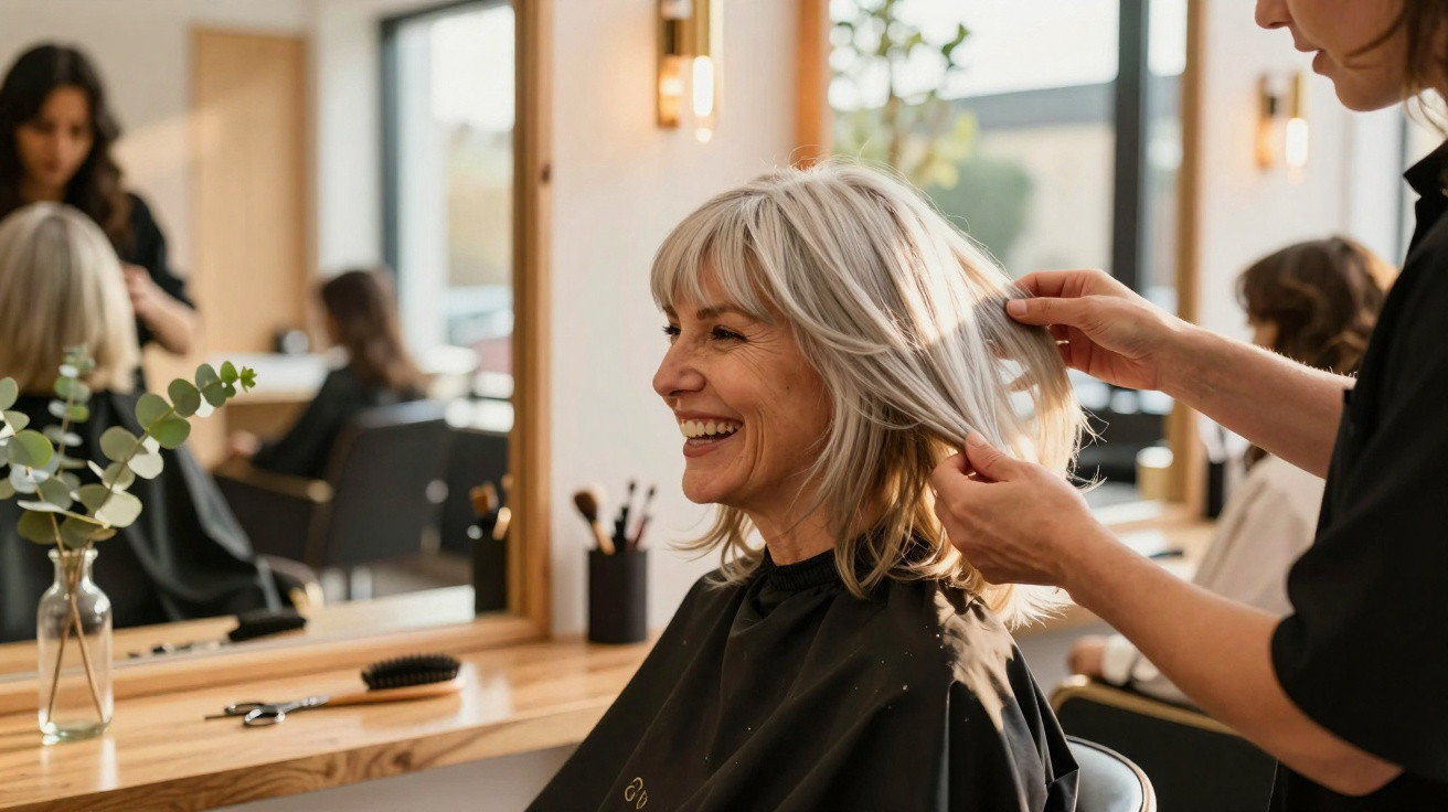 A smiling older woman having her silver hair styled by a hairdresser in a bright salon.