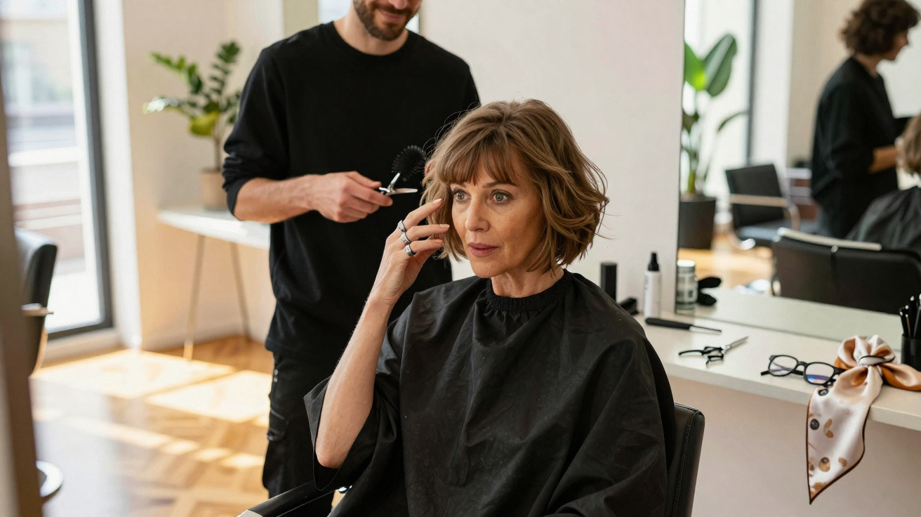 Woman with short wavy hair sitting in a salon chair while a hairstylist trims her hair.