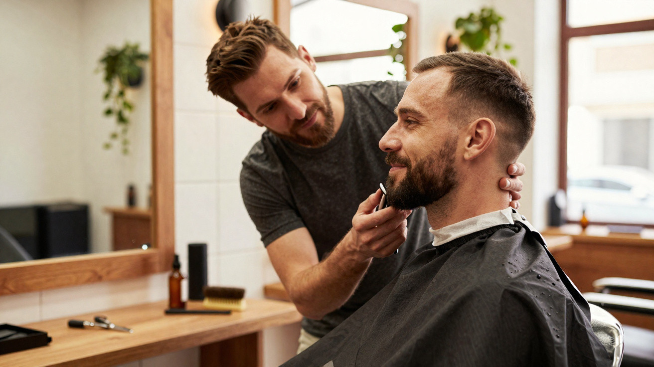 Barber trimming a seated man's beard in a bright, modern barbershop with wooden accents.