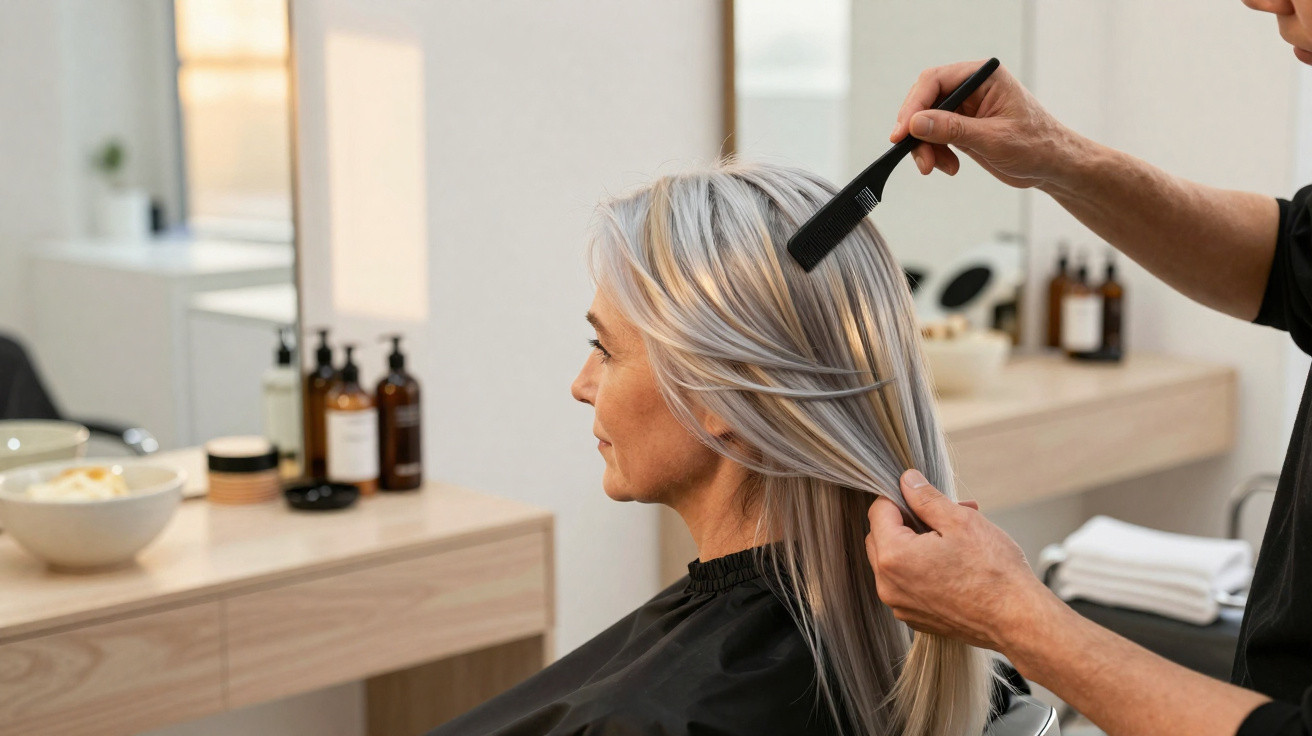 Hairdresser combing a woman's long silver hair in a modern salon interior.