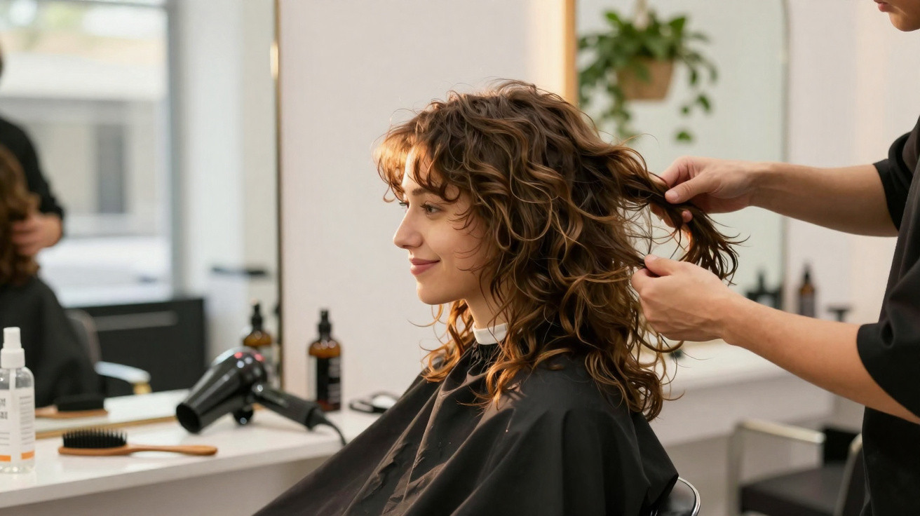 Woman with curly hair smiling while a hairstylist is working on her hair in a bright salon.