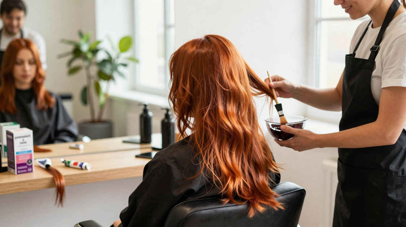 Hairdresser applying dye to long red hair of client seated in salon chair facing mirror