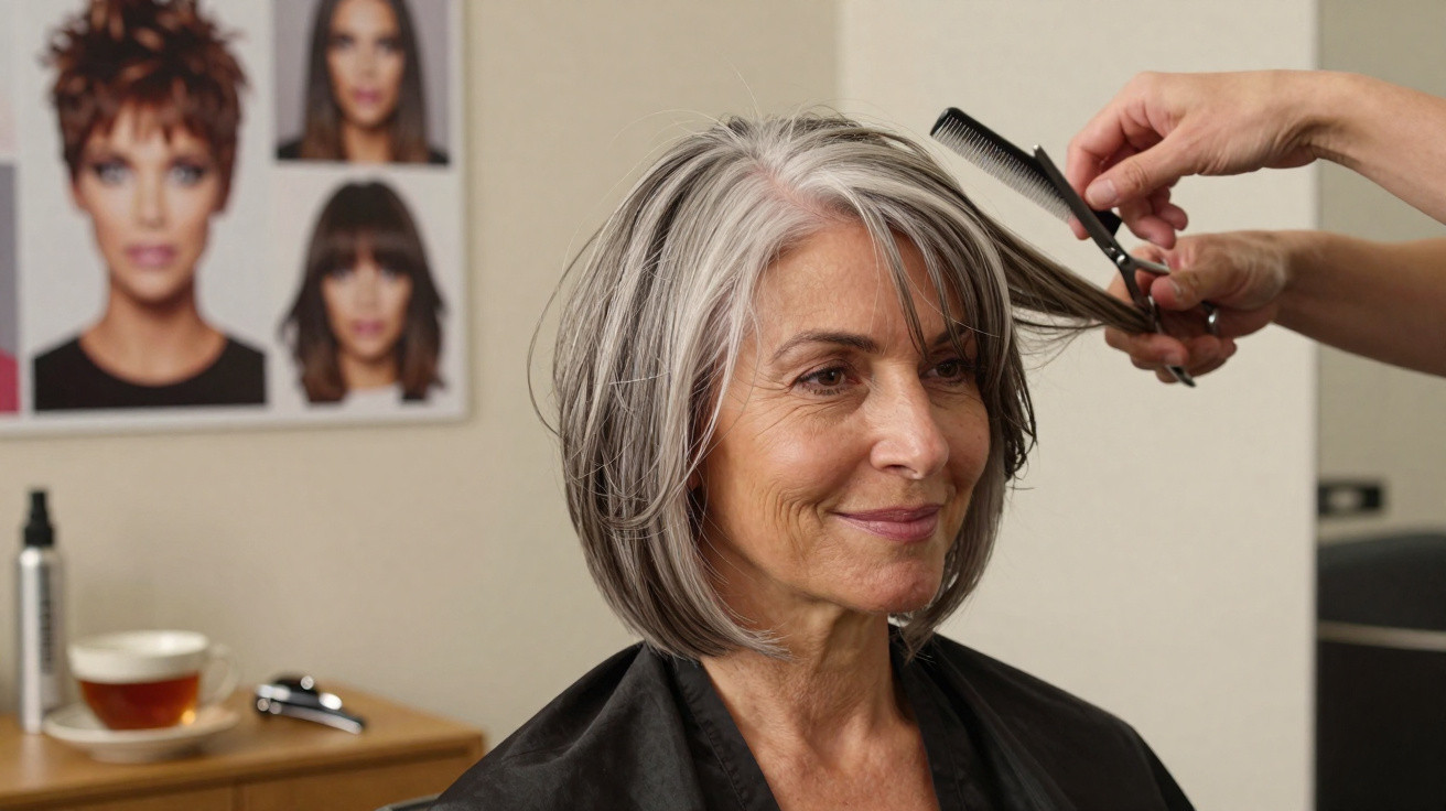 Older woman smiling while getting a grey bob haircut at a hair salon with hairstyle pictures on the wall behind her.