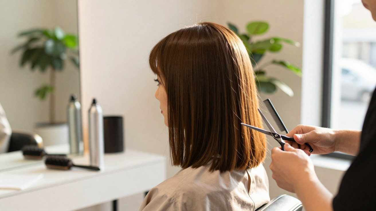 Woman with shoulder-length brown hair getting a haircut at a salon with scissors and comb.