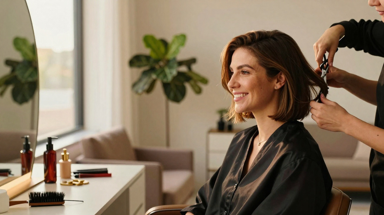 Woman getting a haircut in a salon, smiling and seated by a vanity with hair care products.