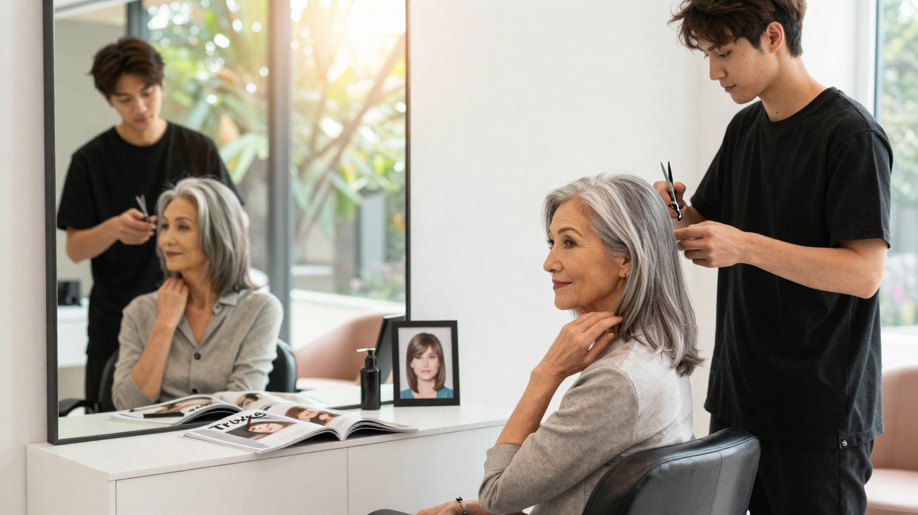 Older woman with grey hair getting a haircut from a young male stylist in a modern salon.
