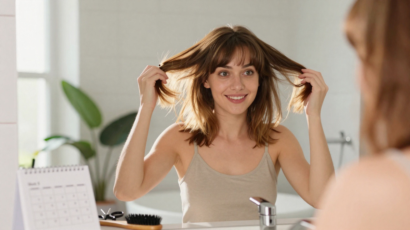 Young woman smiling while checking her hair in a bathroom mirror with plants and calendar in the background
